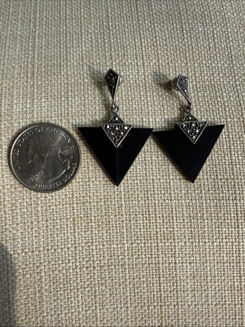 Vintage Sterling Silver 925 Marcasite Black Onyx Art Deco Dangle Earrings - Picture 2 of 3